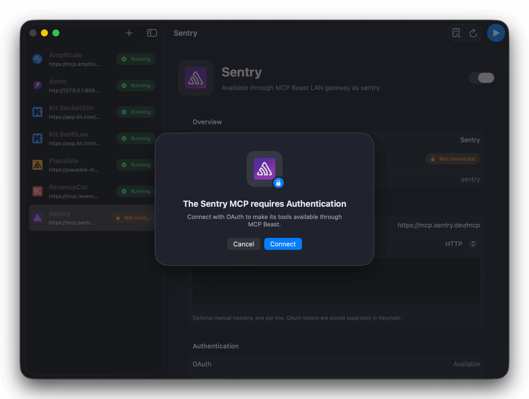 MCP Beast prompting to authenticate the Sentry MCP with OAuth
