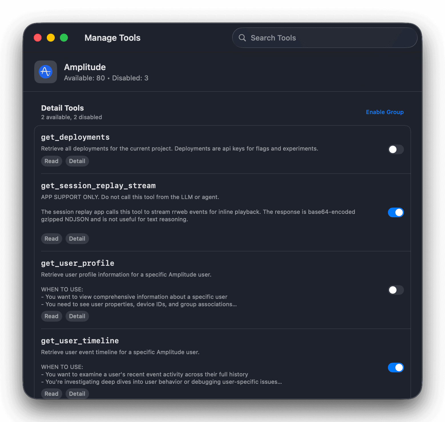 MCP Beast Manage Tools screen with per-tool toggles, tool search, and group enable or disable