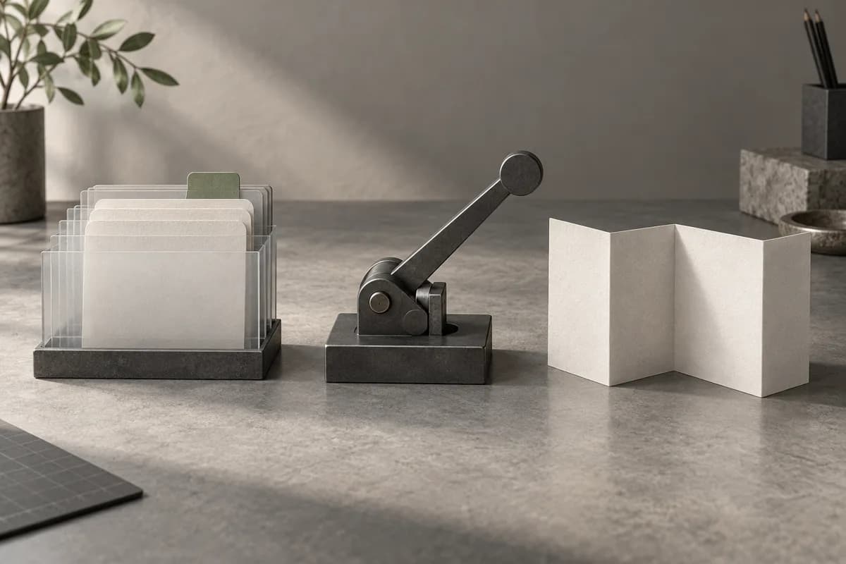 Conceptual illustration of layered resource cards, a graphite action lever, and a folded instruction card.